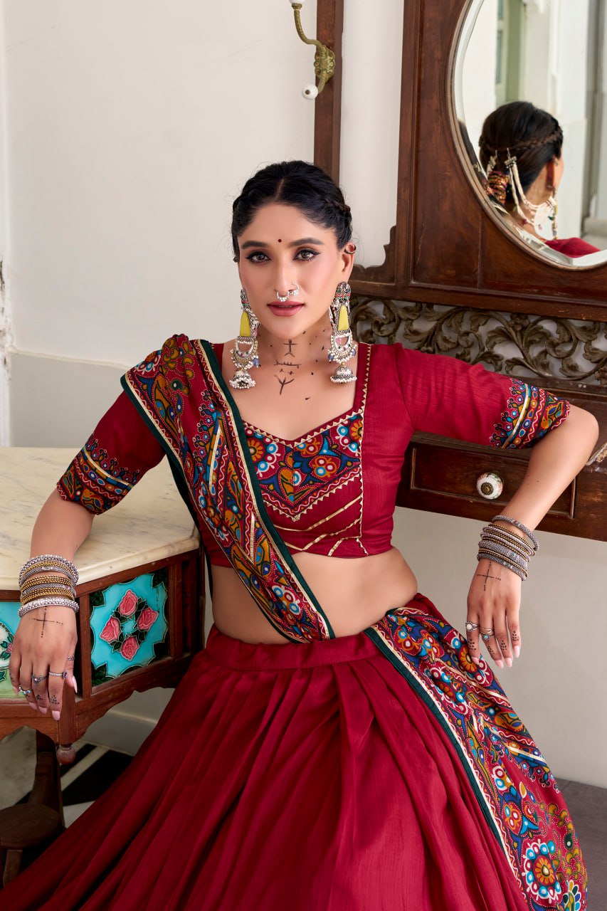 Maroon Tassar Silk Lehenga Choli with Gamthi Print Dupatta for Navratri