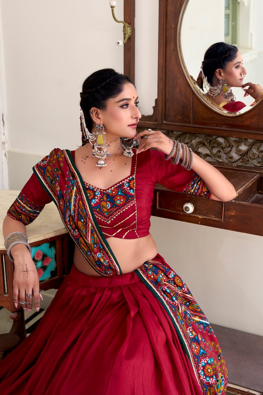Maroon Tassar Silk Lehenga Choli with Gamthi Print Dupatta for Navratri - 2
