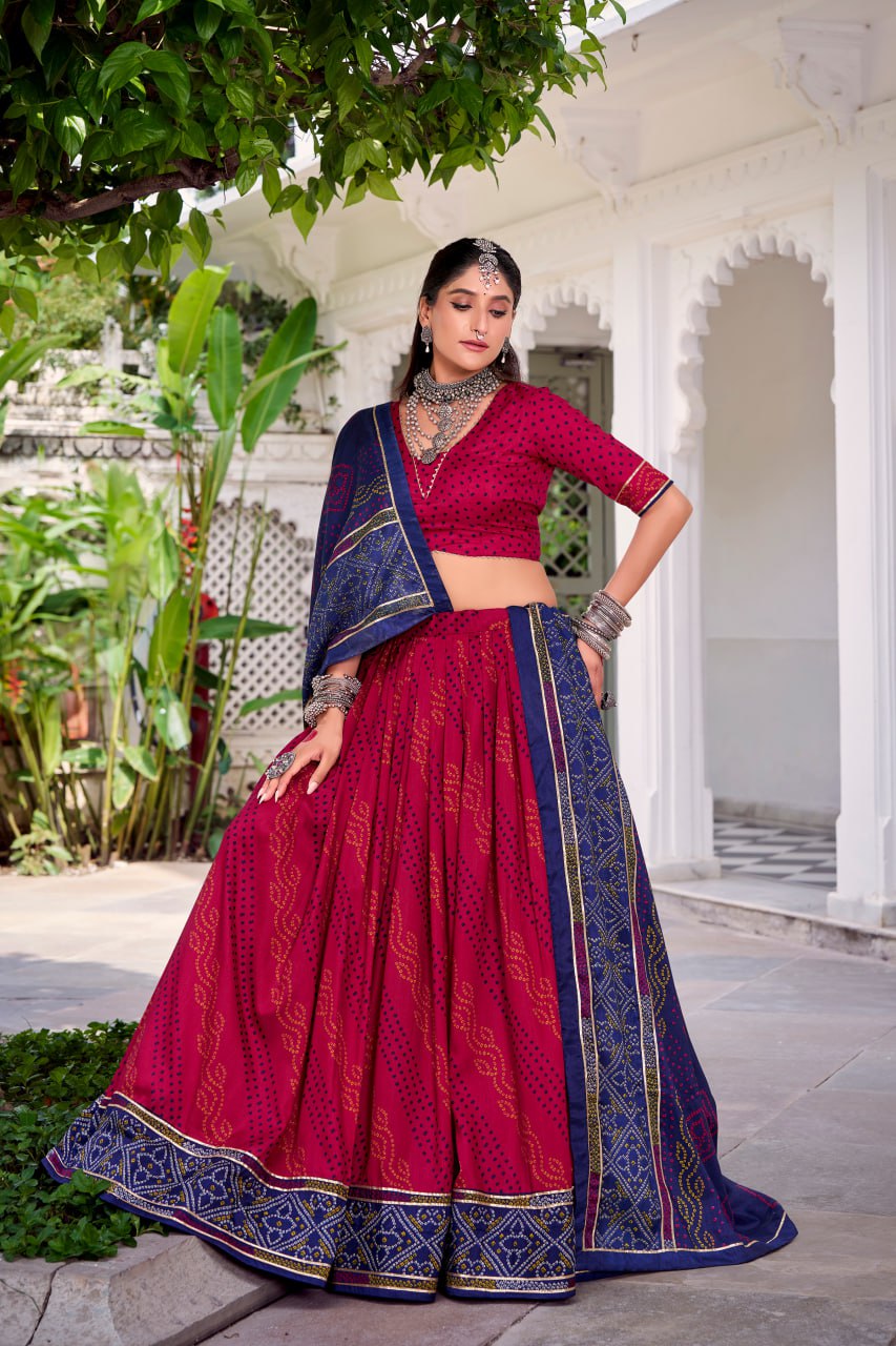 Maroon Tussar Silk Bandhani Print Lehenga Choli with Dupatta for Navratri - 1