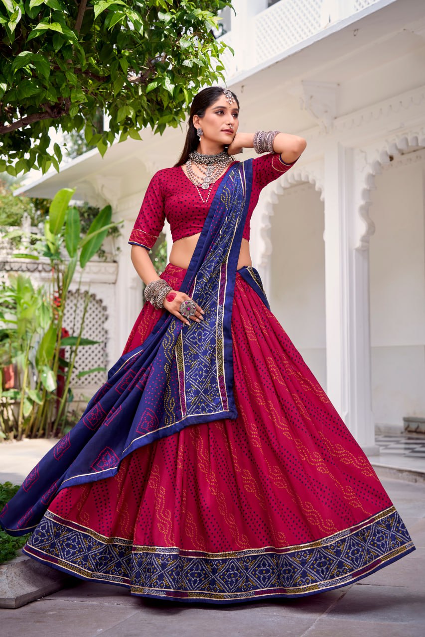 Maroon Tussar Silk Bandhani Print Lehenga Choli with Dupatta for Navratri - 2
