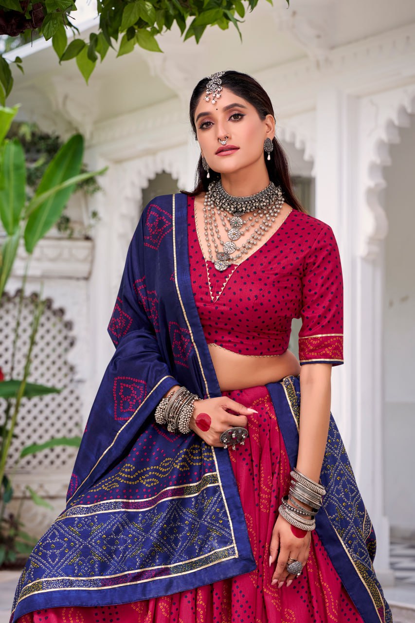 Maroon Tussar Silk Bandhani Print Lehenga Choli with Dupatta for Navratri - 4