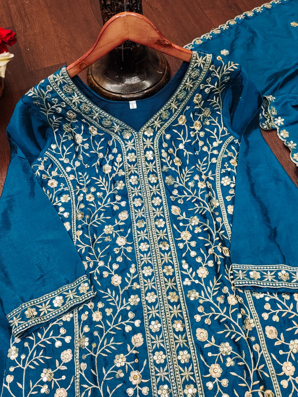 Morpich Designer Chinon Silk Sharara Suit with Sequins Embroidery