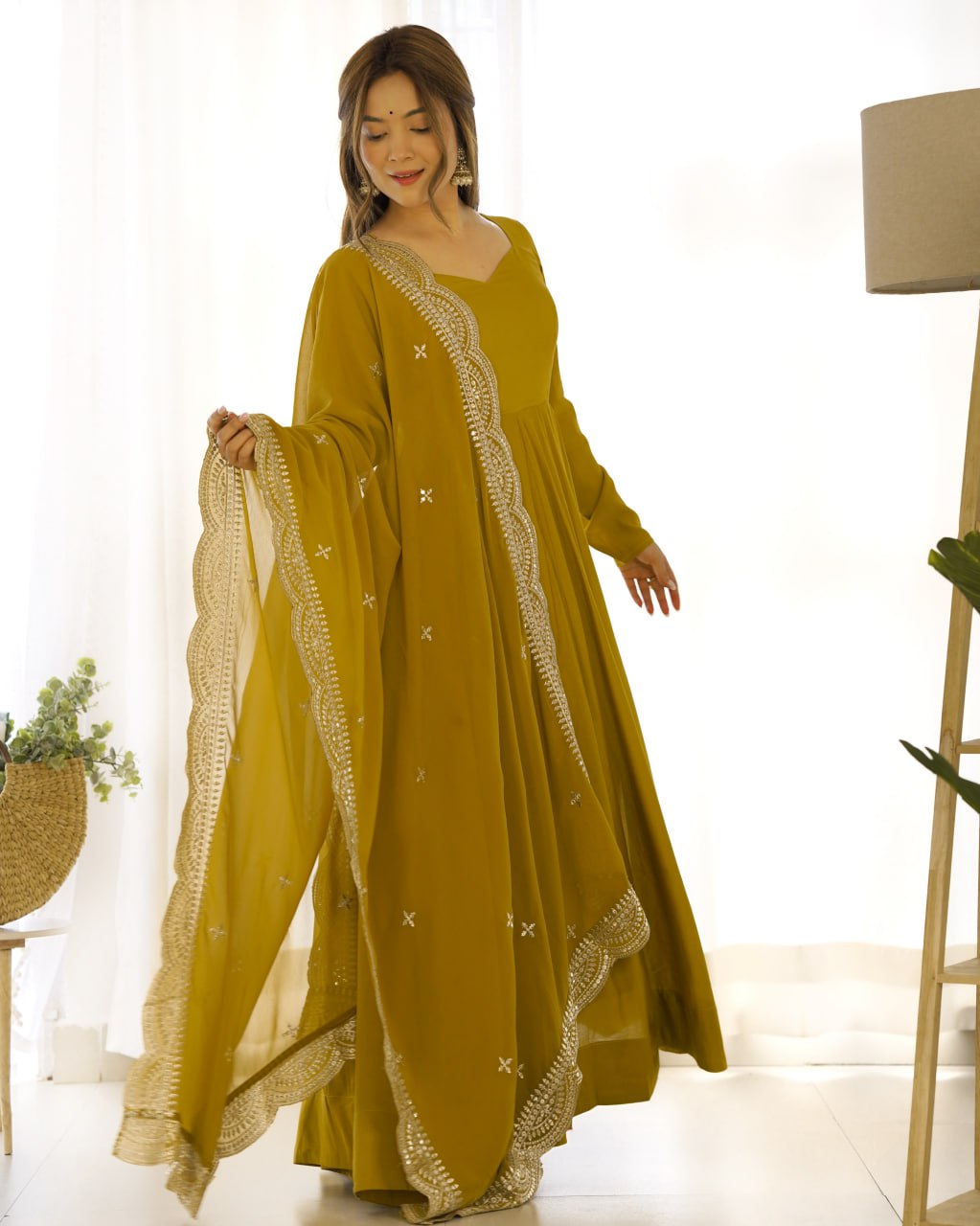 Musturd Yellow Premium Roman Anarkali Set Dupatta – Festive & Wedding