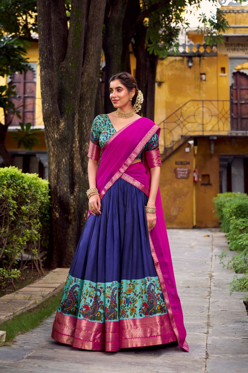 Navy Blue Aastha Silk Printed Lehenga Choli Set with Magenta Dupatta