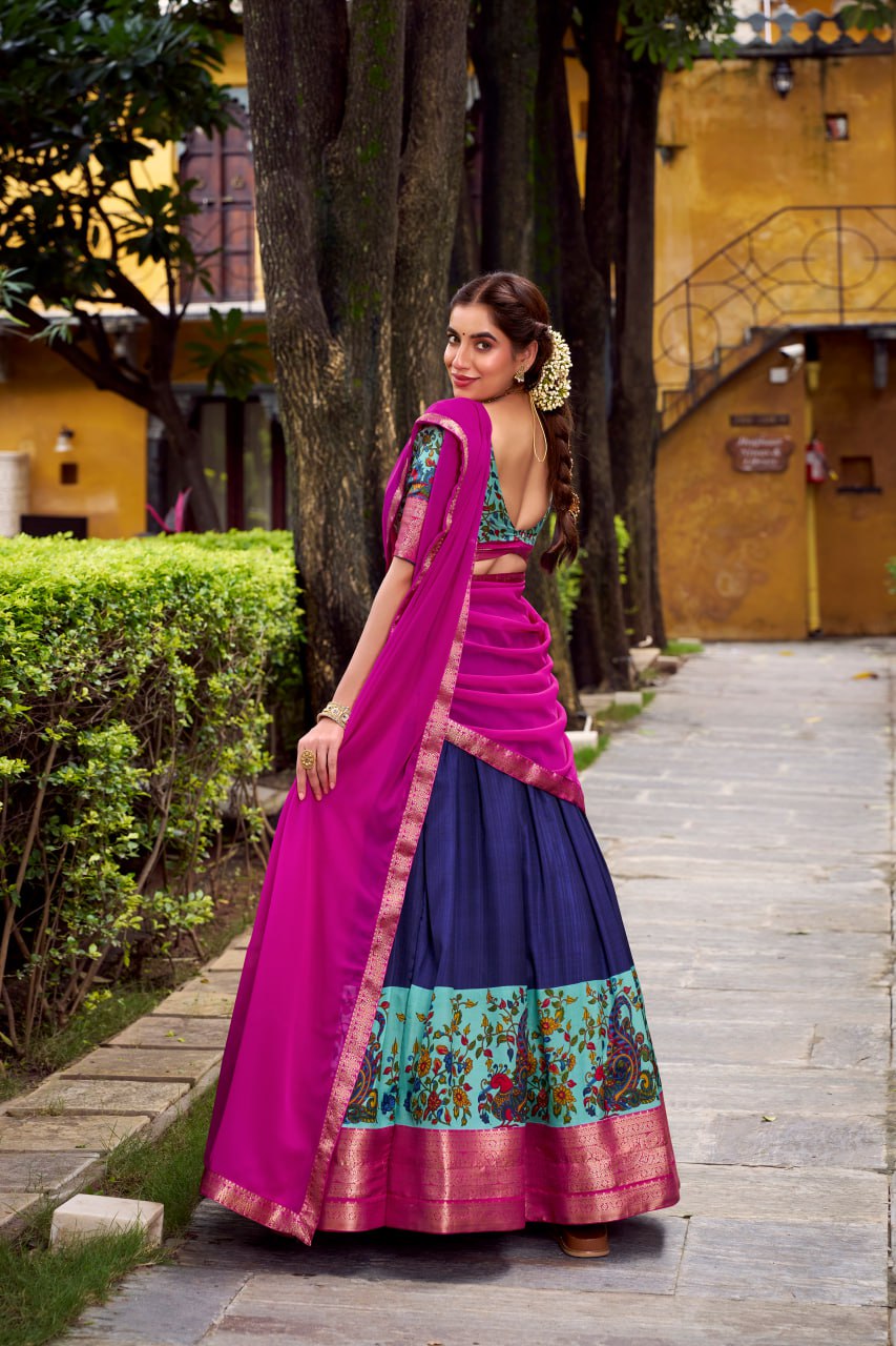 Navy Blue Aastha Silk Printed Lehenga Choli Set with Magenta Dupatta