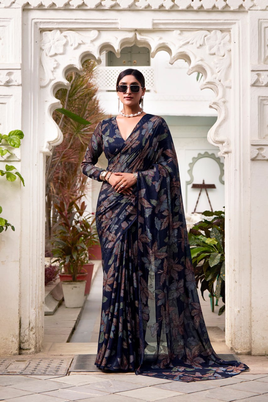 Navy Blue Lurex Brasso Floral Viscose Saree with Matching Blouse