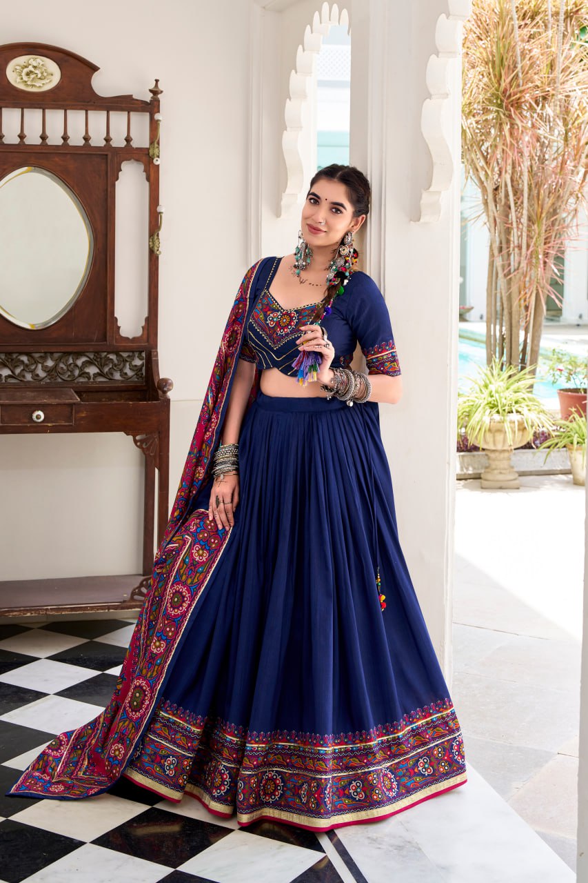 Navy Blue Tassar Silk Lehenga Choli with Gamthi Print Dupatta for Navratri