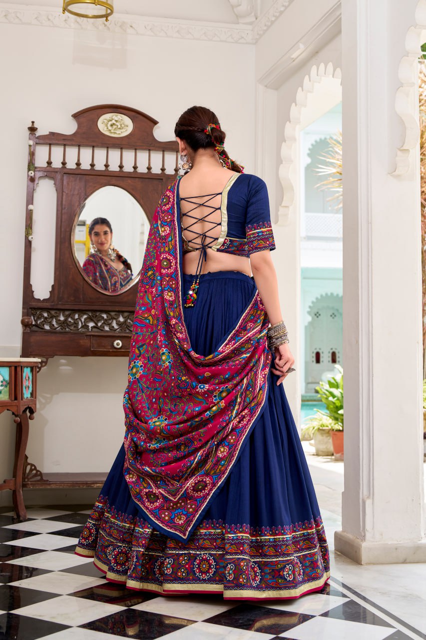 Navy Blue Tassar Silk Lehenga Choli with Gamthi Print Dupatta for Navratri - 5