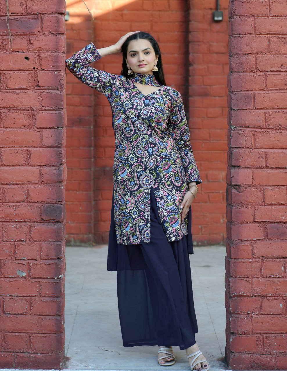 Navy Bule Tapeta Silk Embroidered Sharara Suit with Sequins & Real Mirror Work