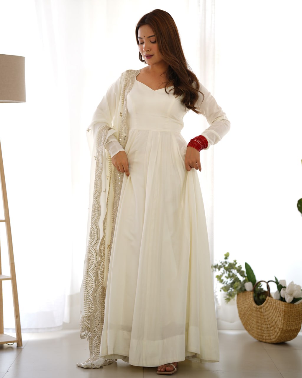 OFF White Premium Roman Anarkali Set with Dupatta – Festive & Wedding