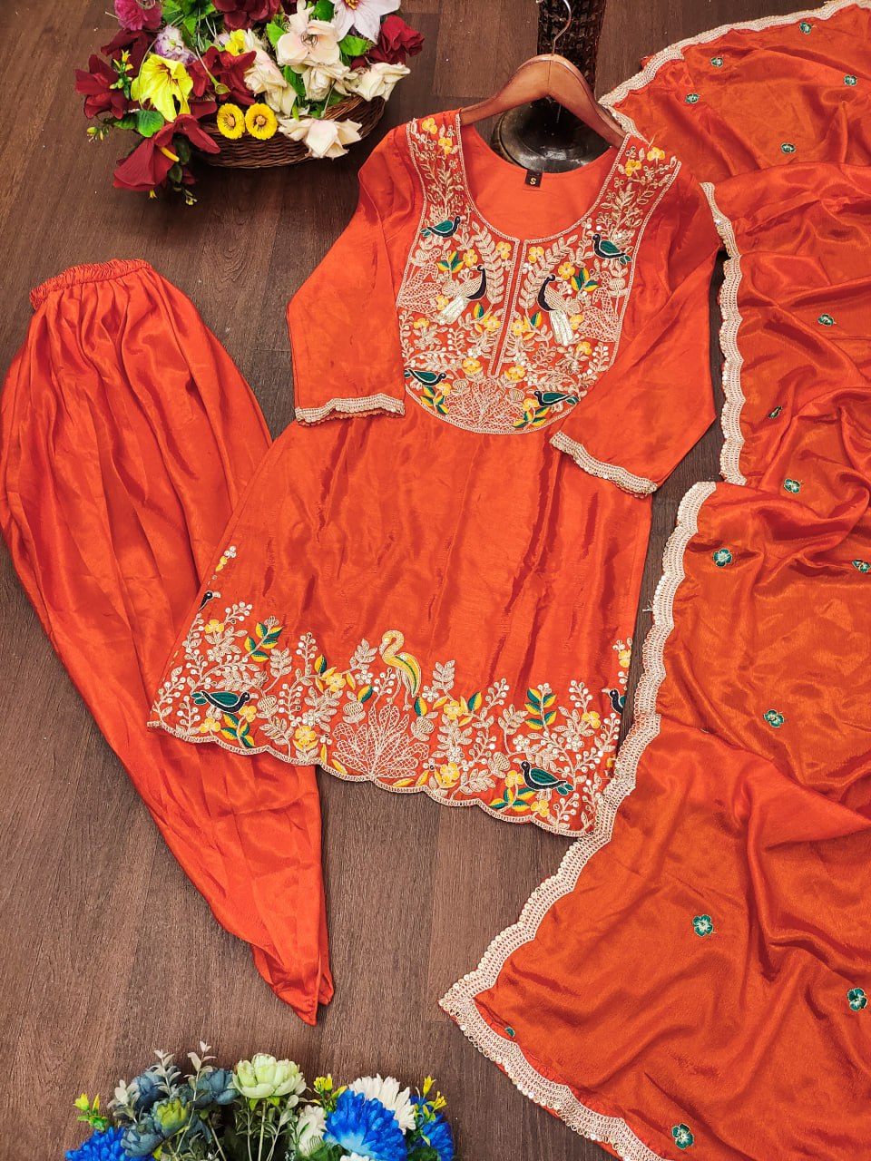 Orange Designer Chinon Dhoti Suit with Coding Sequins Embroidery