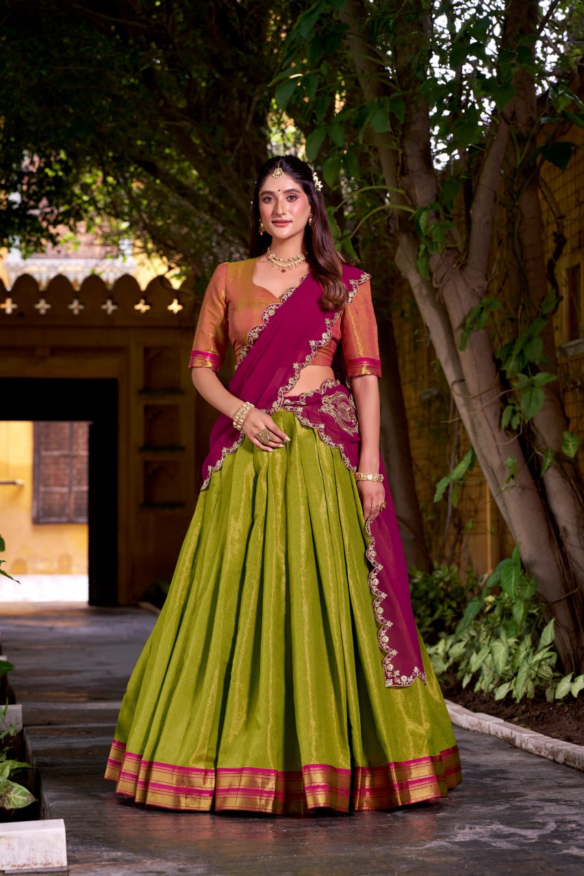 Pista Green Kanchipuram Zari Weaving Royal Festive Lehenga Choli