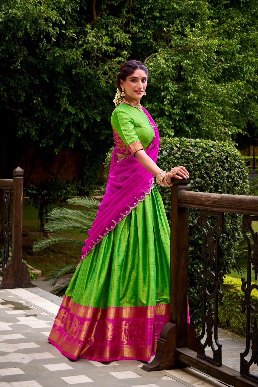 Parrot Green Poly Cotton Zari Weaving Half Saree Lehenga Choli Set