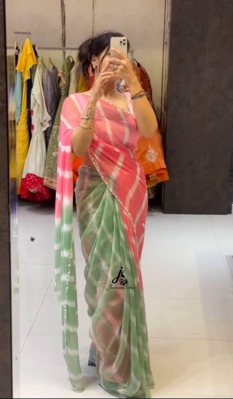 Pink And Green Tebi Silk Saree with Handworked Mirror & Moti Border