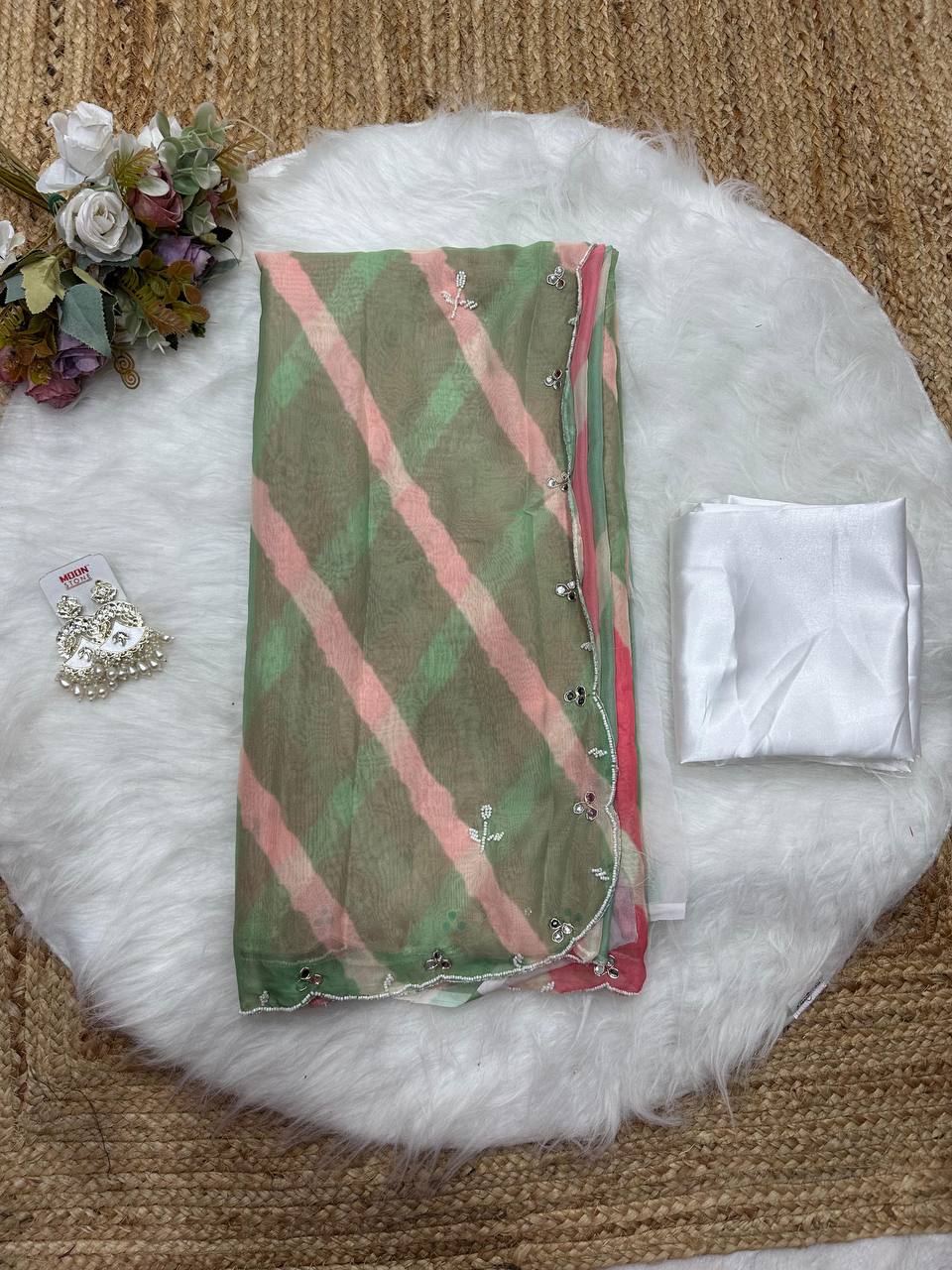 Pink And Green Tebi Silk Saree with Handworked Mirror & Moti Border