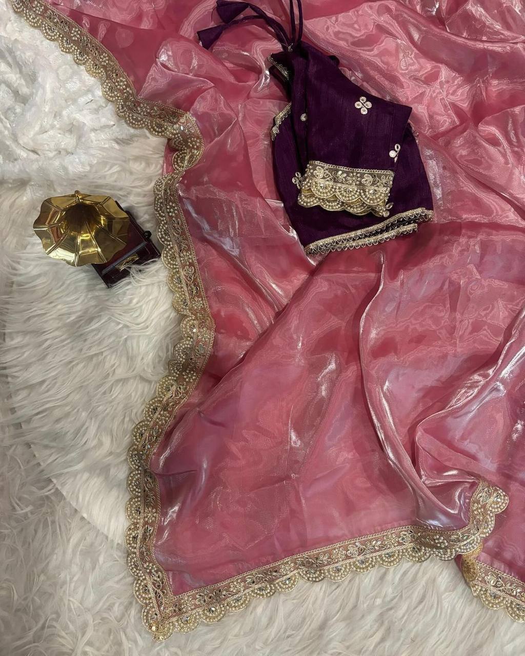 Pink Jimmy Choo Satin Designer Saree witha Dark Purple Embroidered Blouse