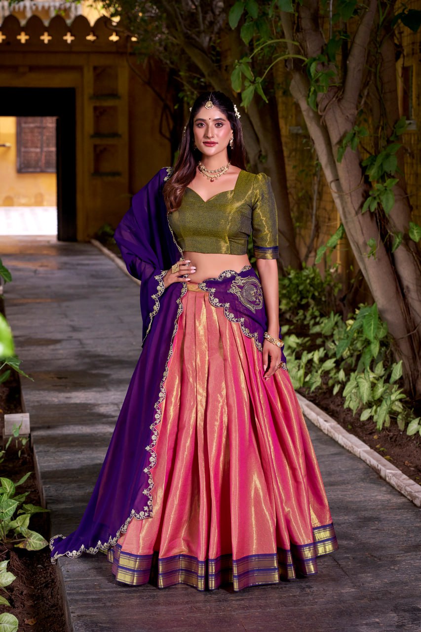 Pink Kanchipuram Zari Weaving Royal Festive Lehenga Choli