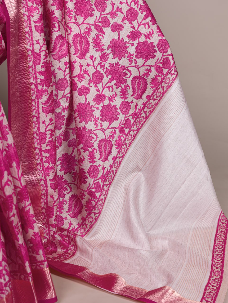 Pink Tasar Silk Printed Saree with Shimmering Viscose Red Border