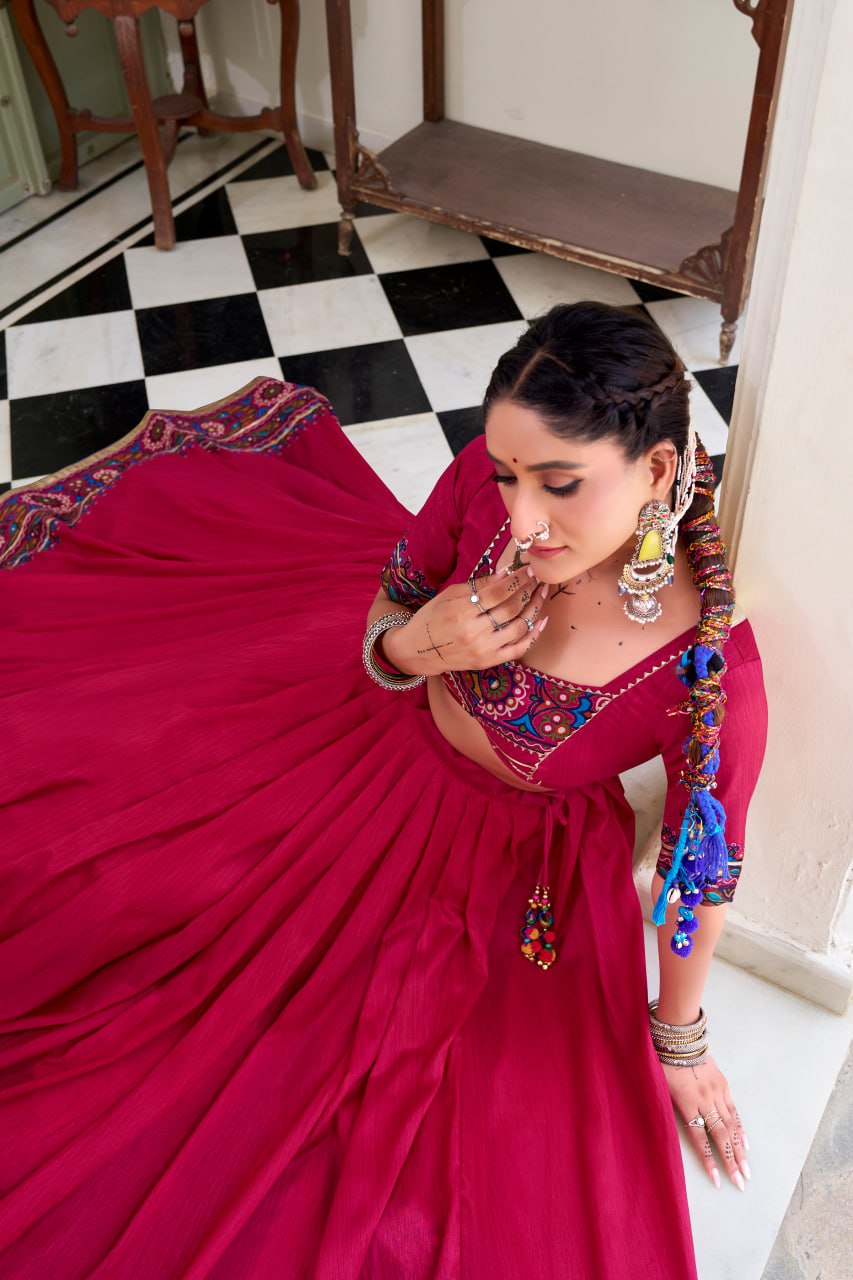 Pink Tassar Silk Lehenga Choli with Gamthi Print Dupatta for Navratri