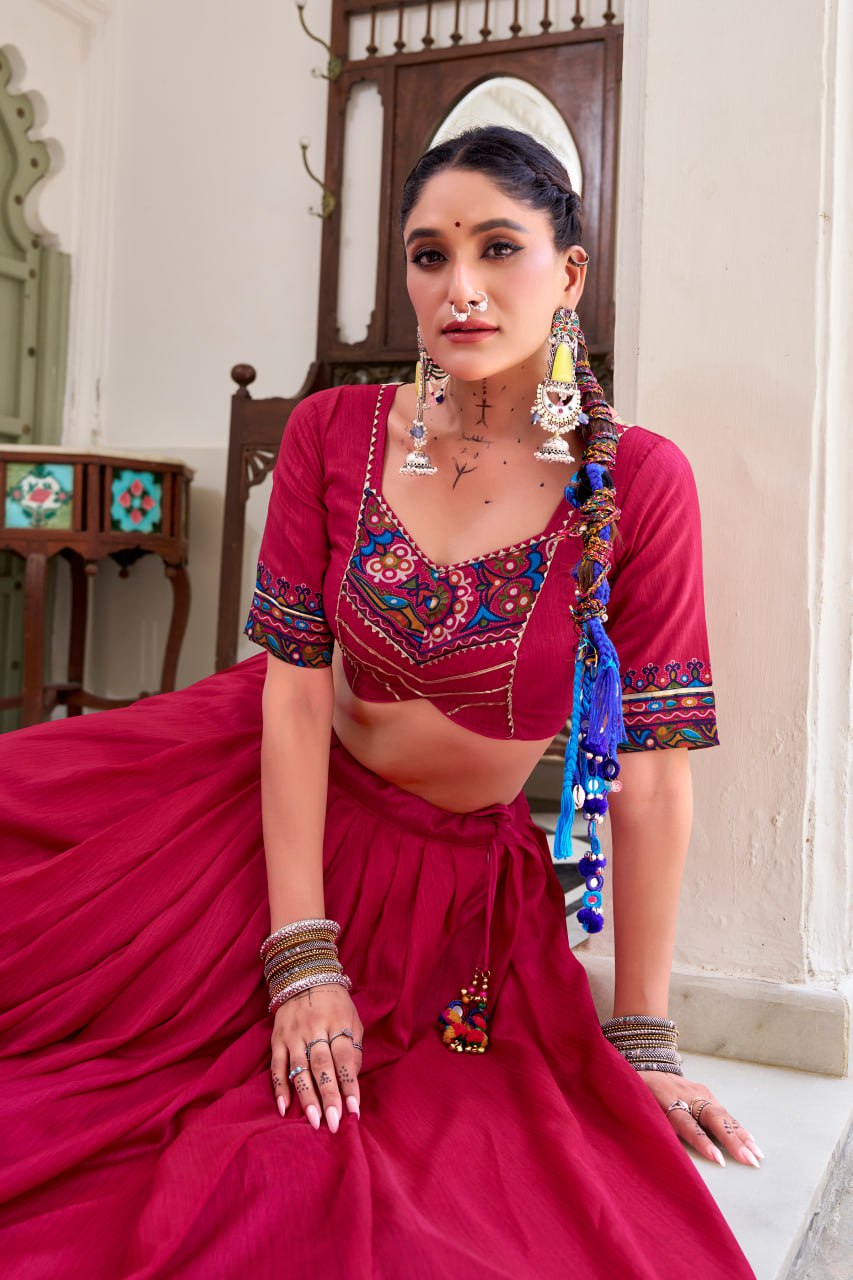 Pink Tassar Silk Lehenga Choli with Gamthi Print Dupatta for Navratri - 2
