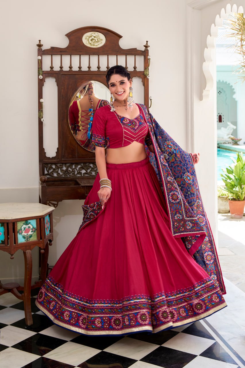 Pink Tassar Silk Lehenga Choli with Gamthi Print Dupatta for Navratri - 5