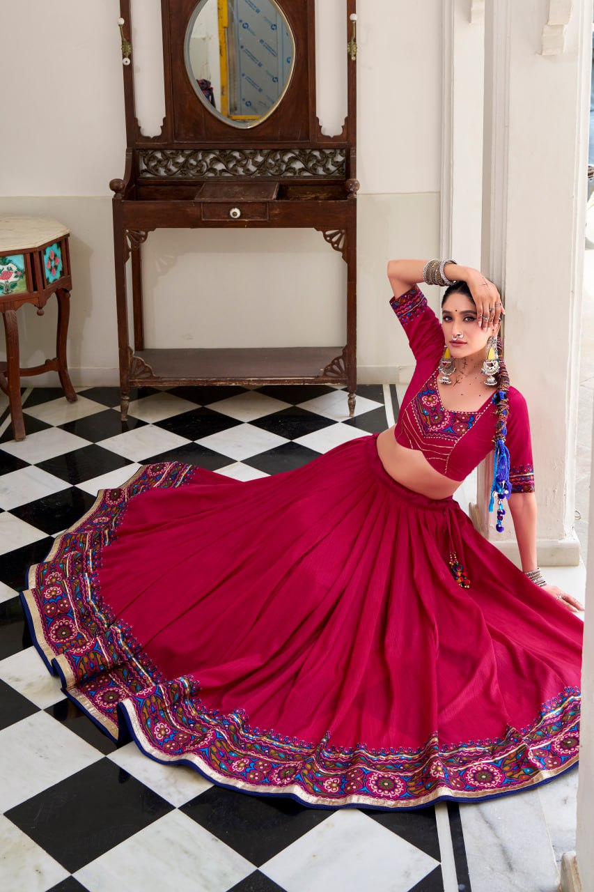Pink Tassar Silk Lehenga Choli with Gamthi Print Dupatta for Navratri - 6