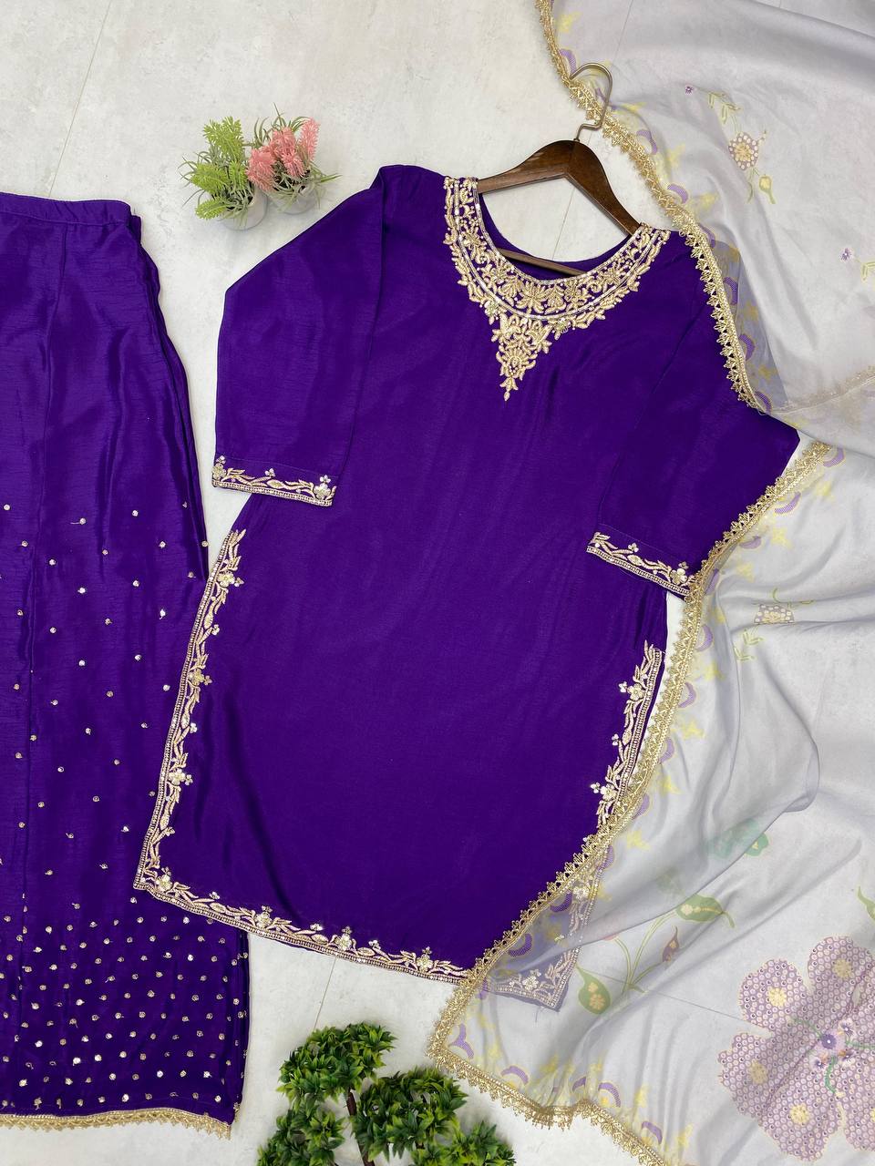 Purple Chinon Sequence Embroidery Palazzo Suit with Organza Dupatta