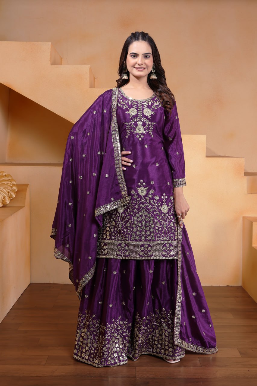Purple Designer Chinon Sequins Embroidered Sharara Suit Chinon Dupatta