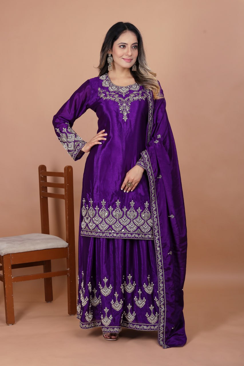 Purple Designer Chinon Sharara Suit with Rivet Moti Embroidery