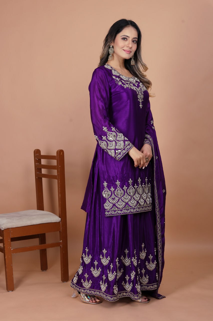 Purple Designer Chinon Sharara Suit with Rivet Moti Embroidery