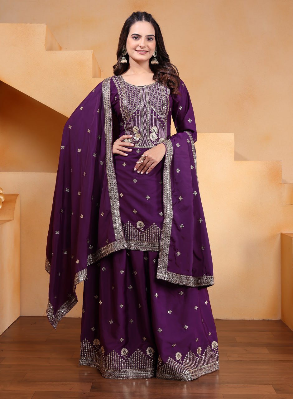 Purple Designer Natural Crepe Sequins Embroidered Sharara Suit