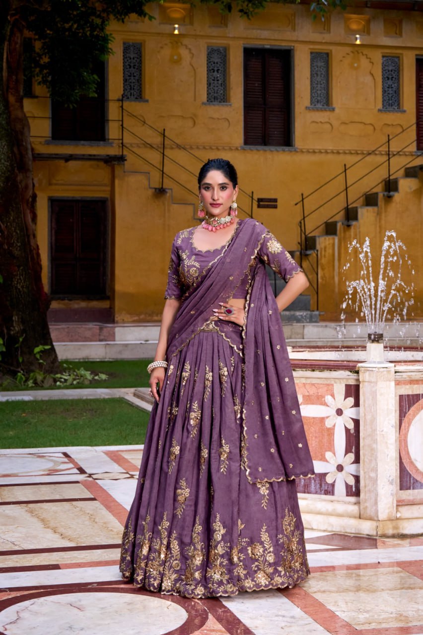 Purple Premium Festive Wear Thread Embroidery Lehenga Set with Dupatta