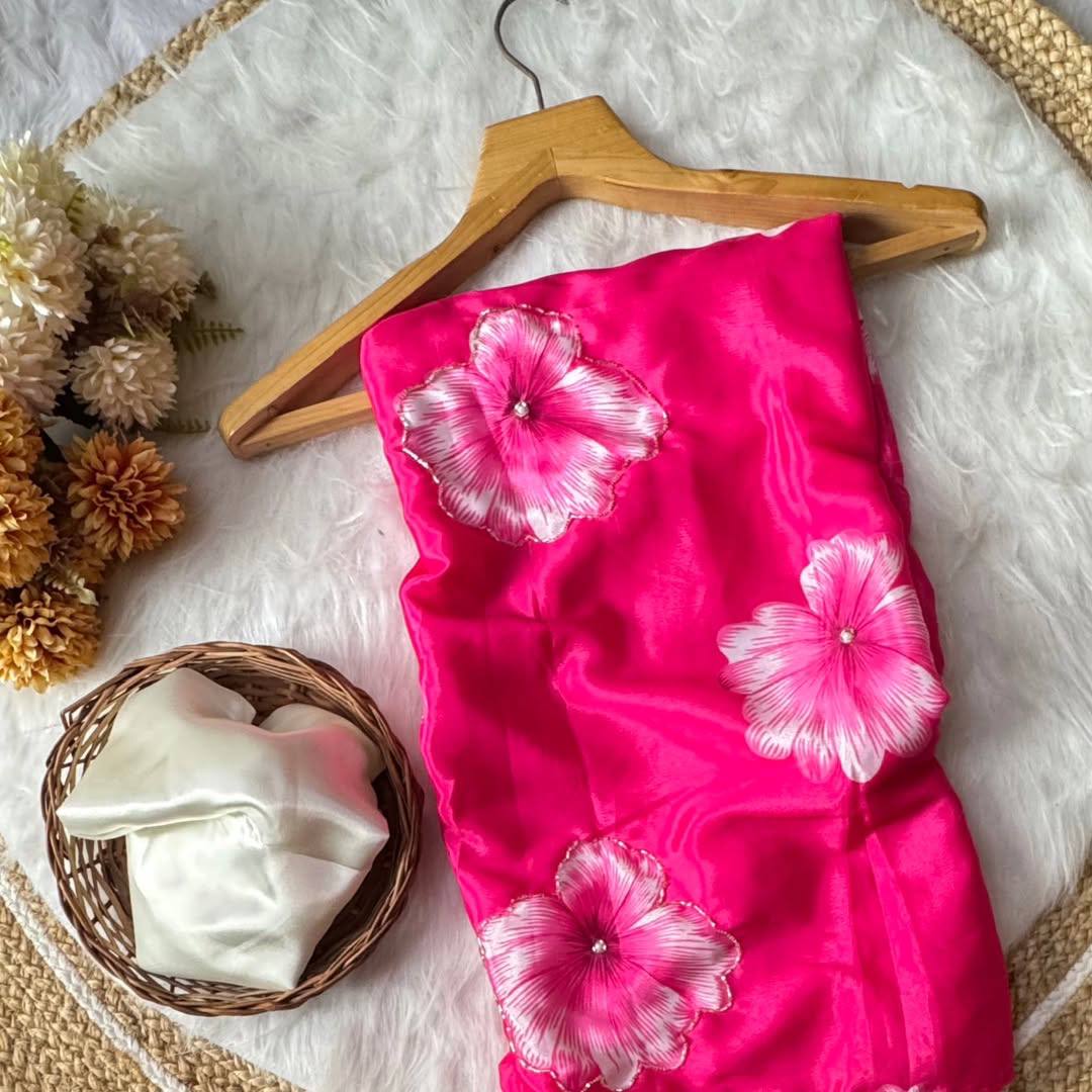 Rani Pink Chinnon Silk Printed Saree with Satin Silk Blouse