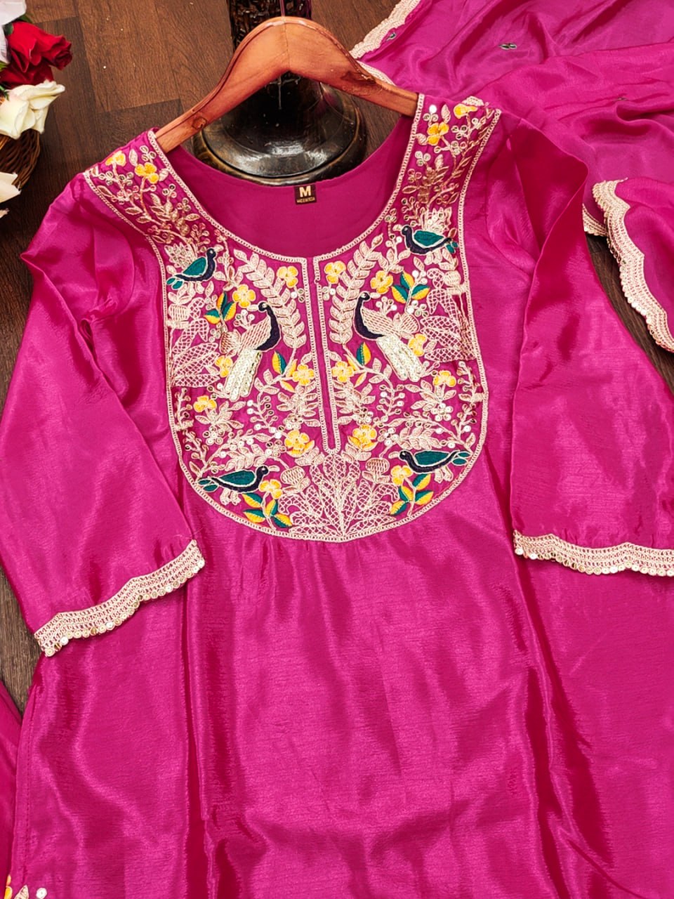 Rani Pink Designer Chinon Dhoti Suit with Coding Sequins Embroidery