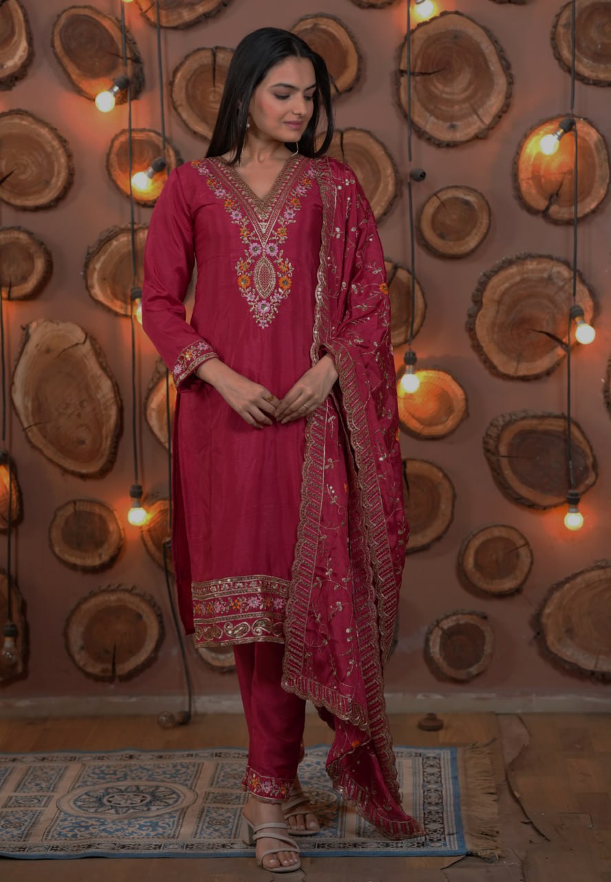 Rani Pink Designer Chinon Suit with Multi Sequins Embroidery