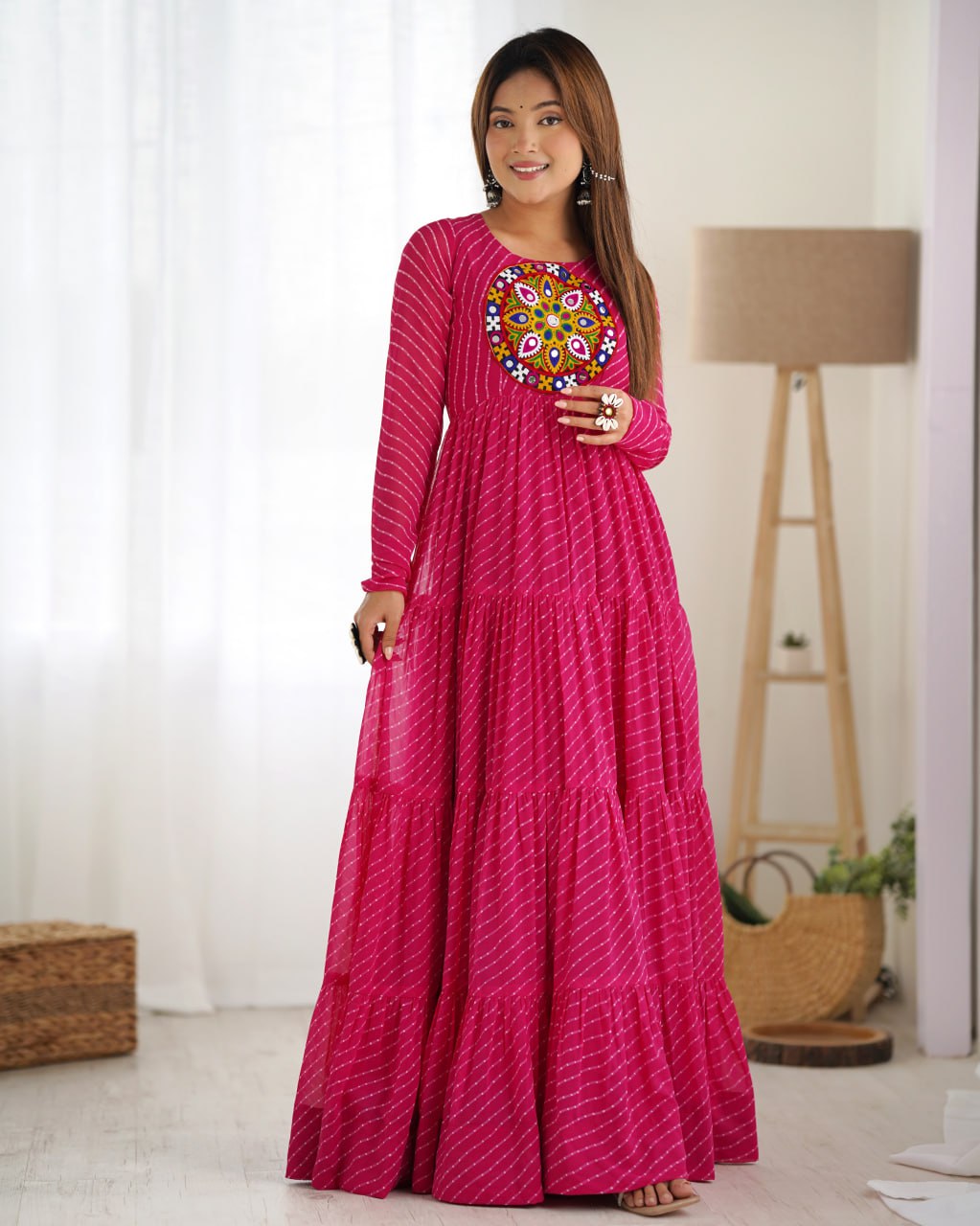 Rani Pink Vibrant Laheriya Print Georgette Anarkali Gown Dress
