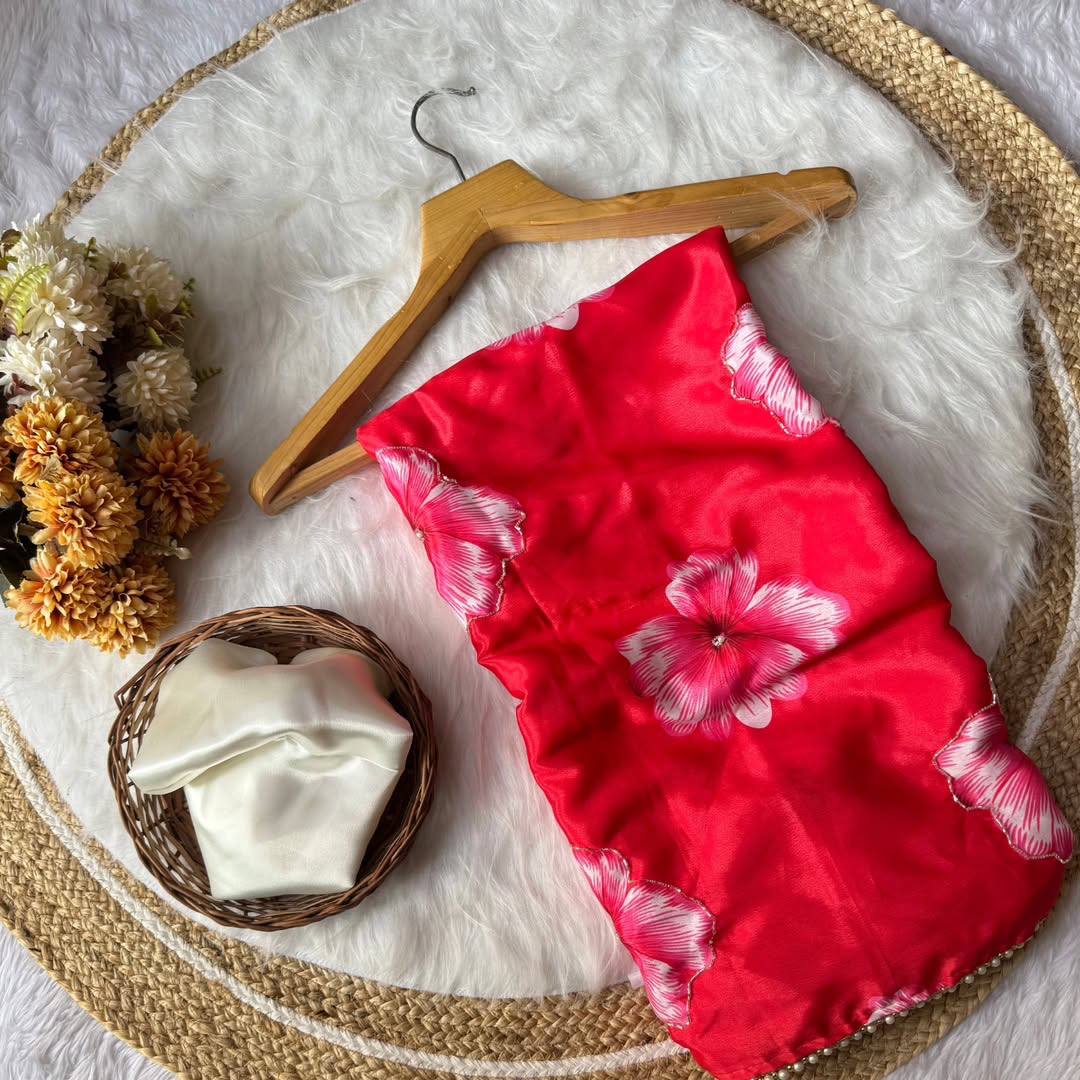 Red Chinnon Silk Printed Saree with Satin Silk Blouse