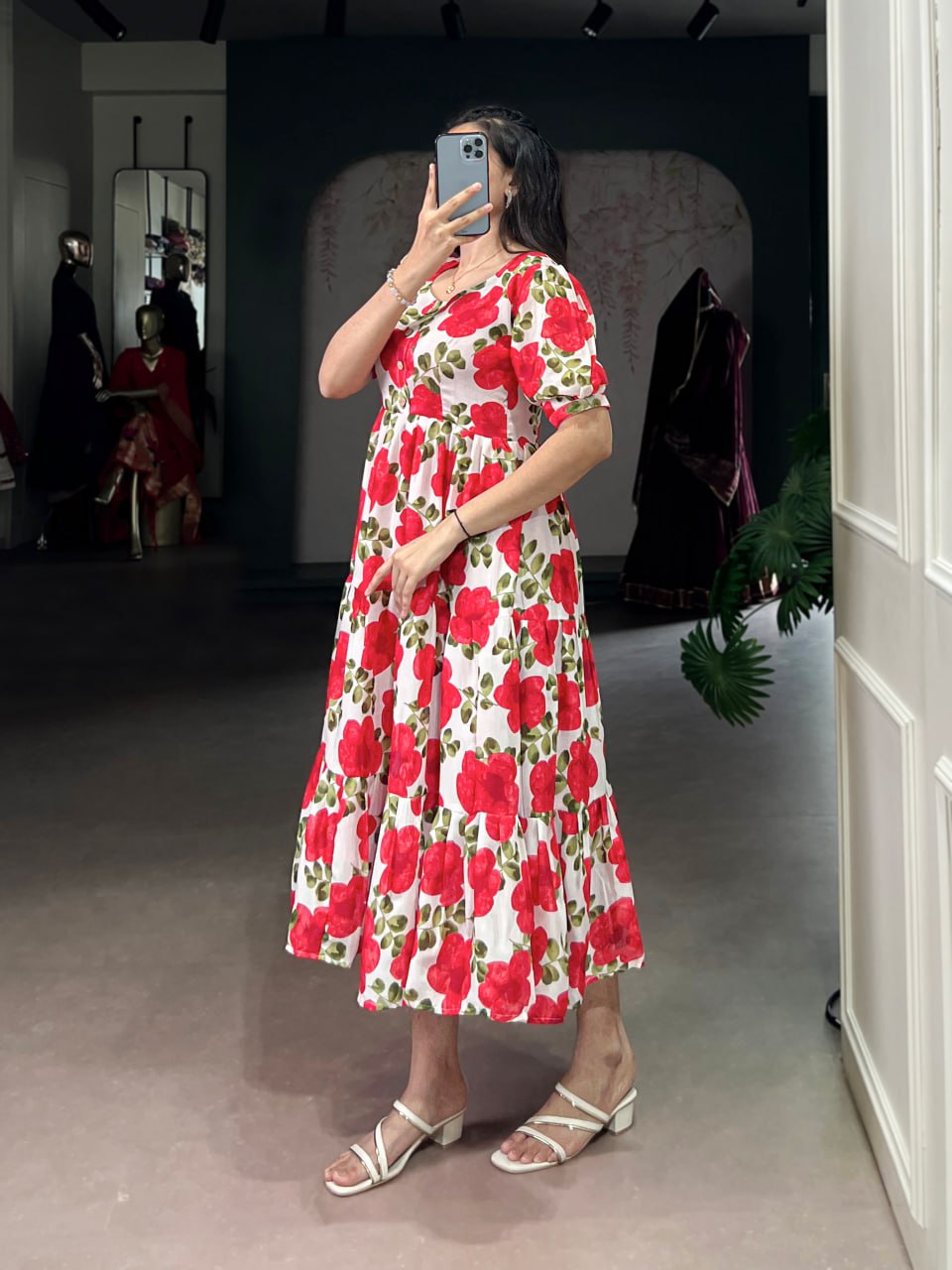 Red Flower Floral Vichitra Silk Frock – Ethnic Designer Dress