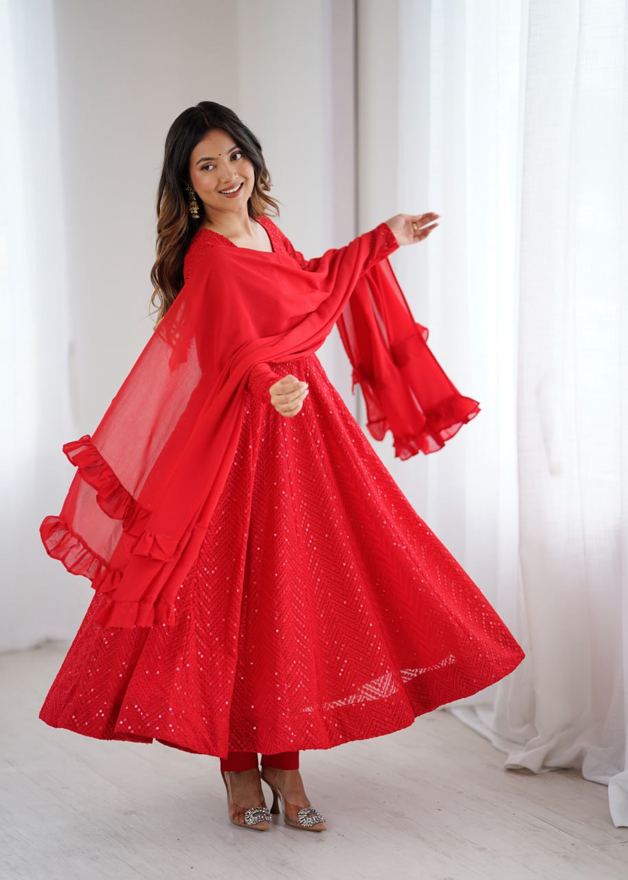 RED Premium Lucknowi Fox Georgette Anarkali Suit Set with Dupatta
