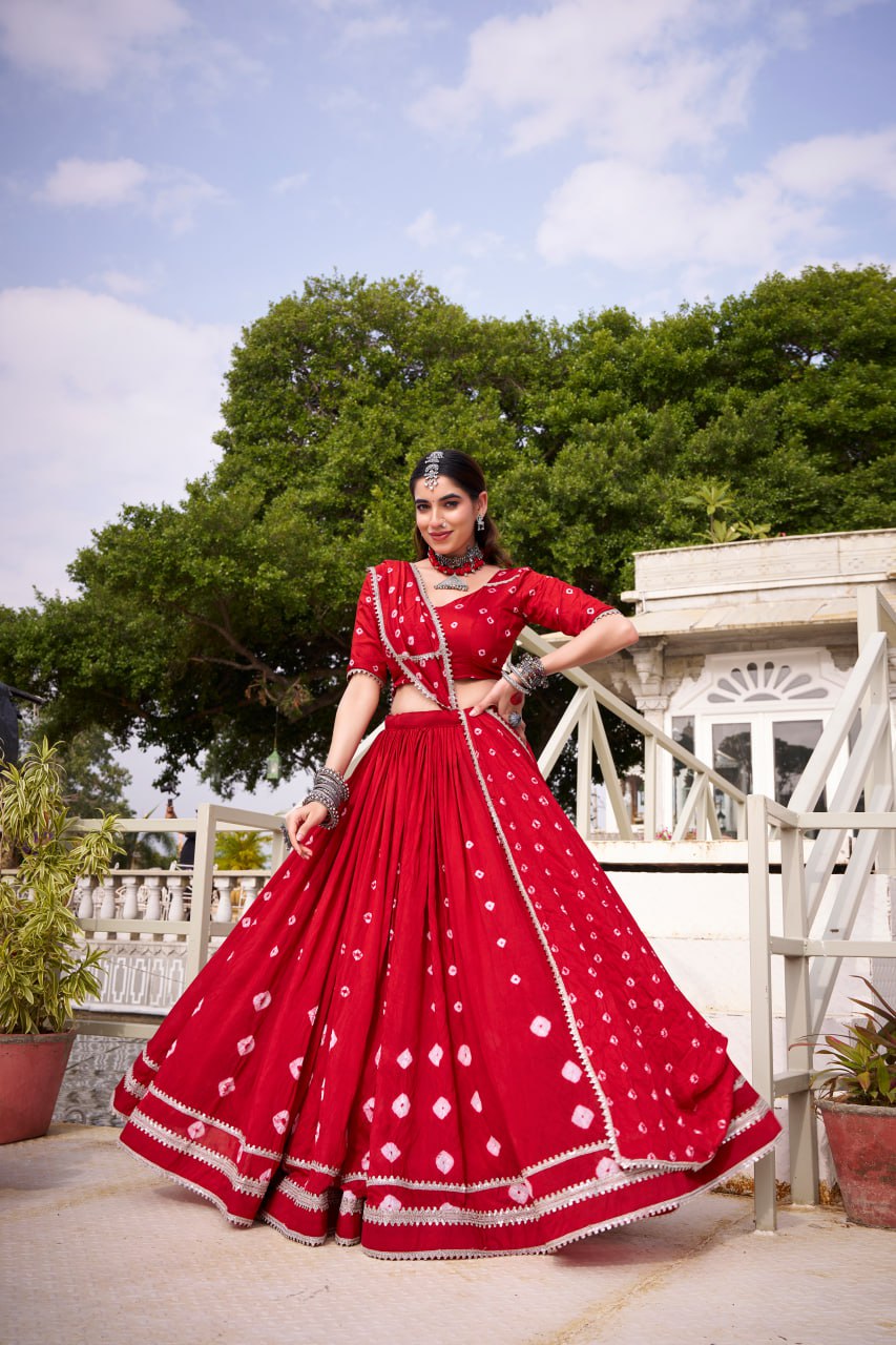 Red Pure Chanderi Bandhej Print Lace work Lehenga Choli Set