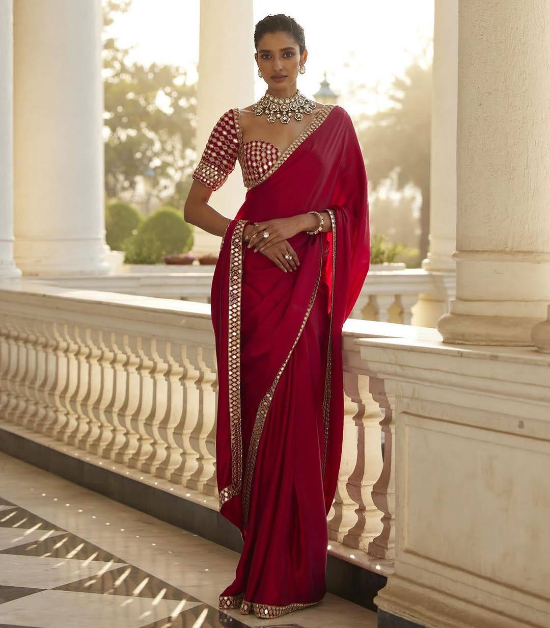 Red Satin Silk Saree With A Mirror And Embroidery Work Blouse