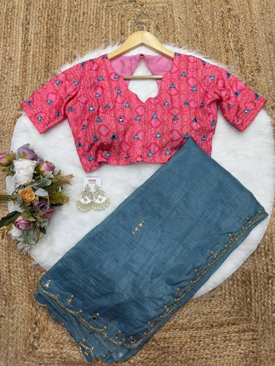 Sea Blue Tissue Crush Saree with Designer Mirror Work Blouse