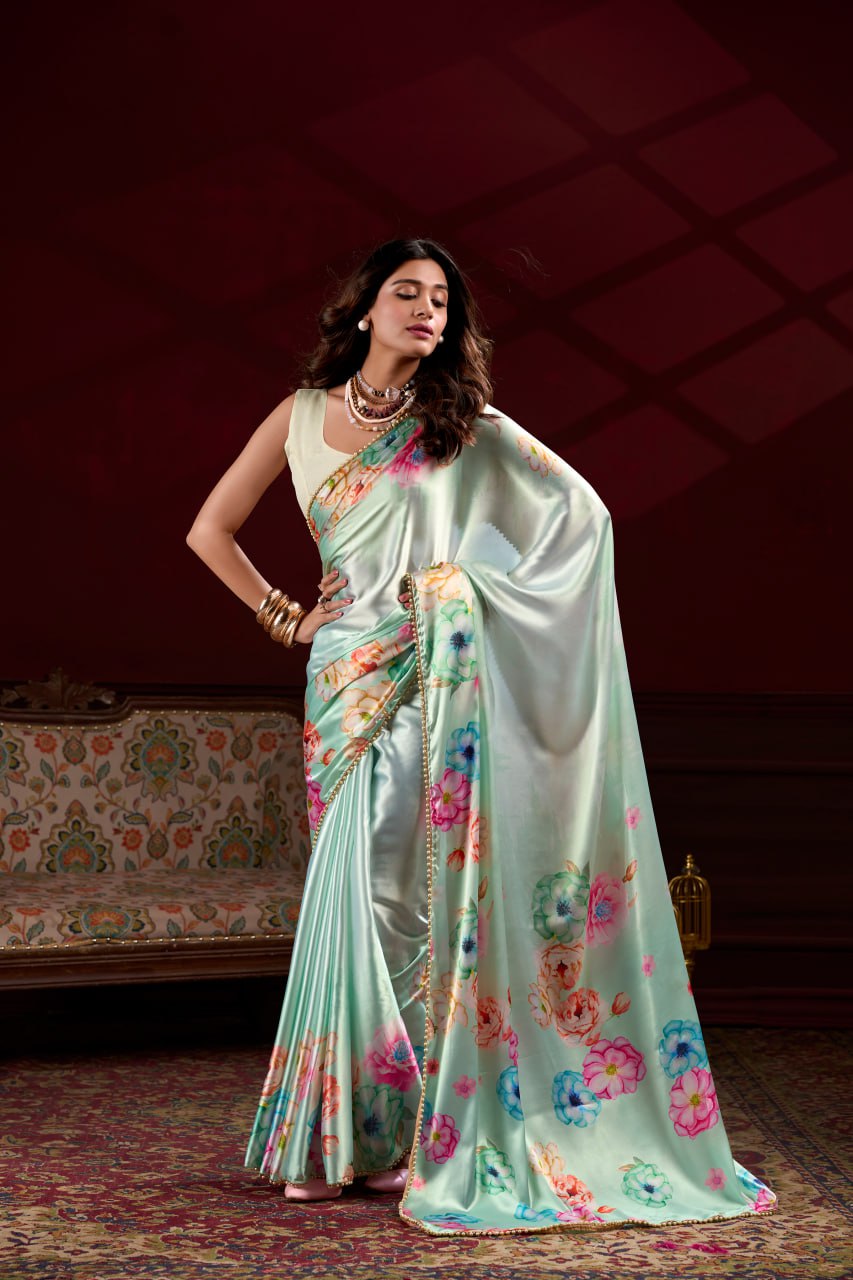 Sea Green Satin Silk Floral Printed Saree with Pearl Lace Border Blouse