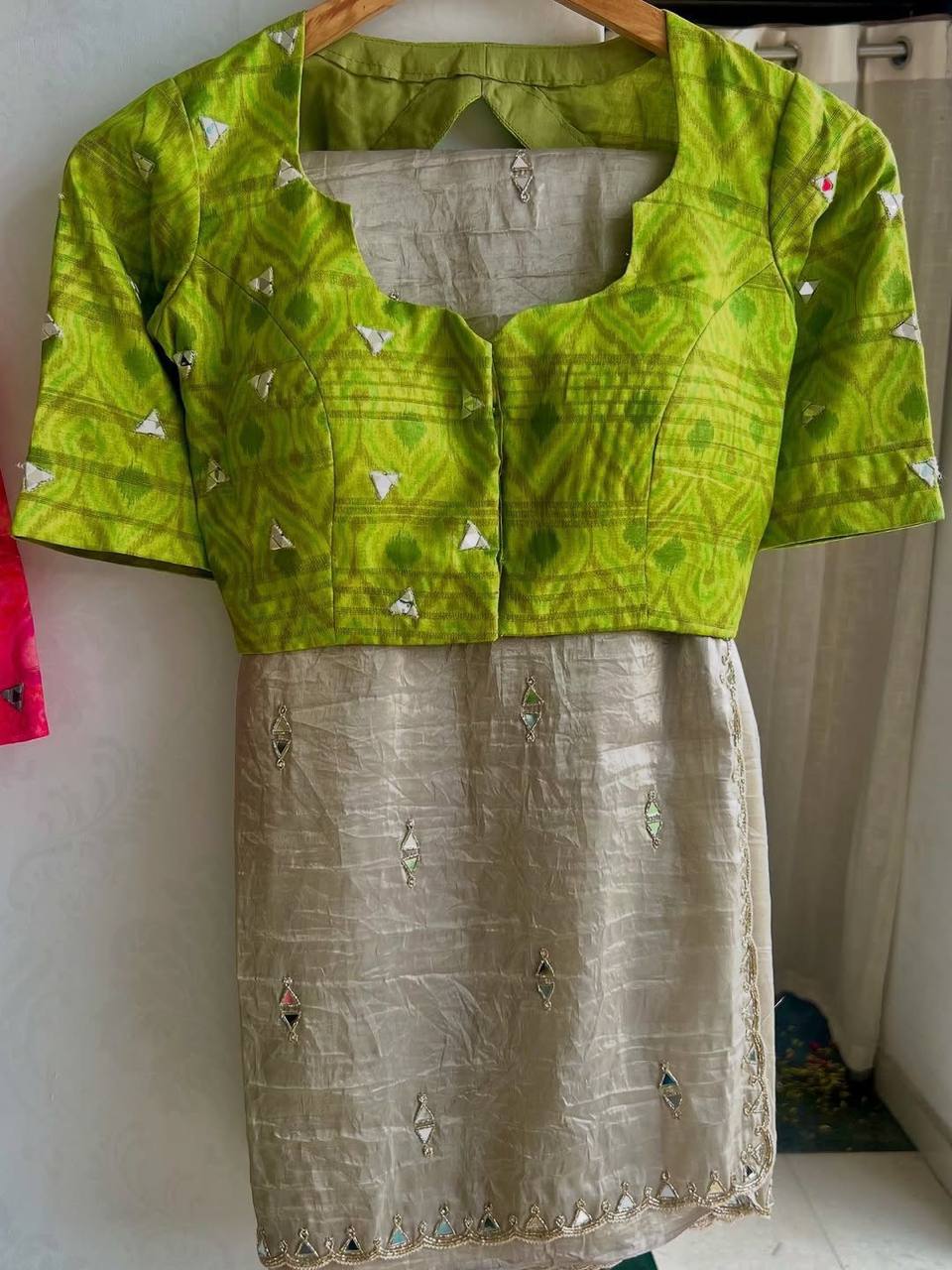 Silver Grey Tissue Crush Saree with Designer Ikkat Blouse