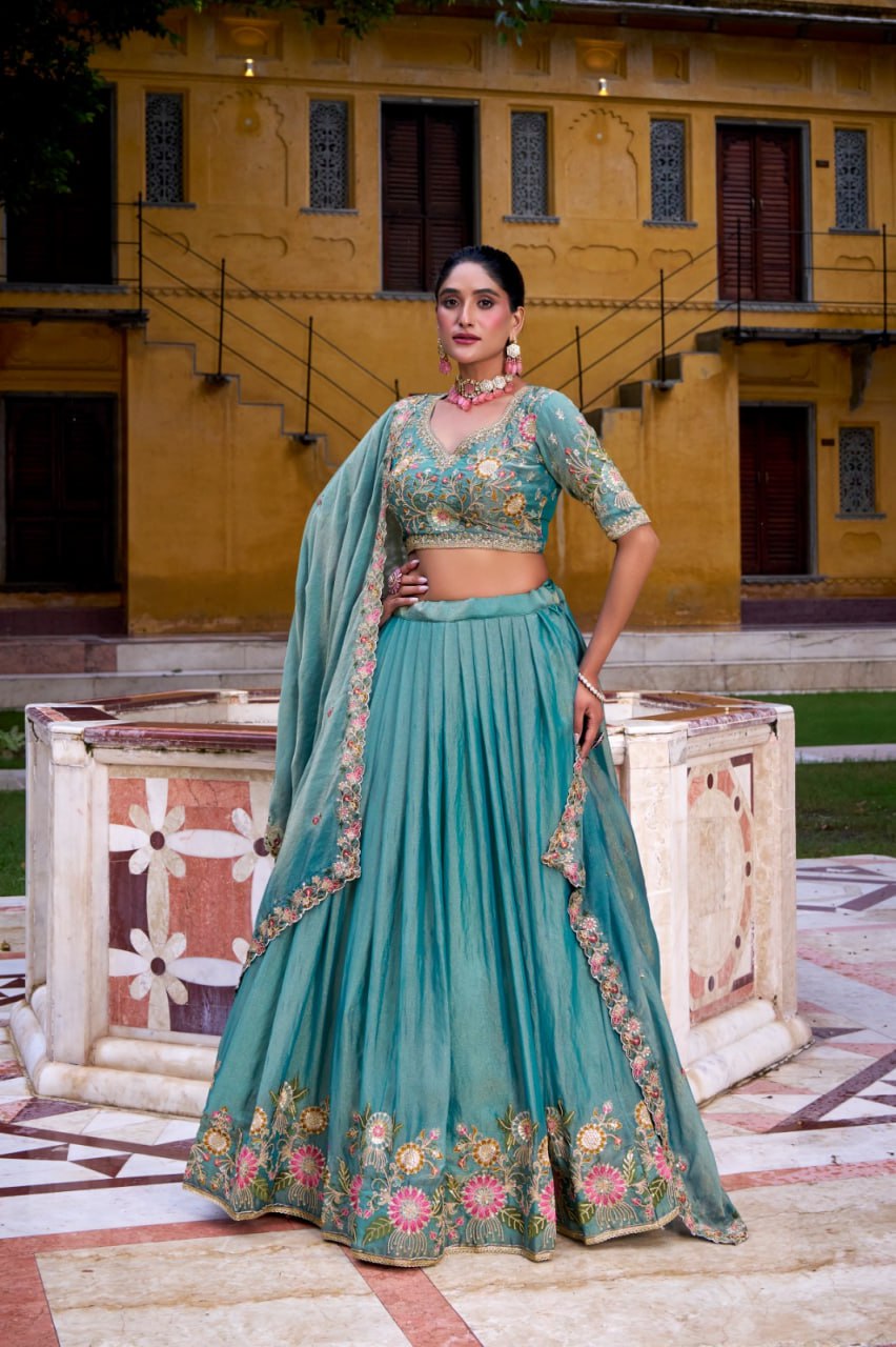 Sky Blue Premium Pastel Zari Shimmer Stitched Lehenga For with Dupatta