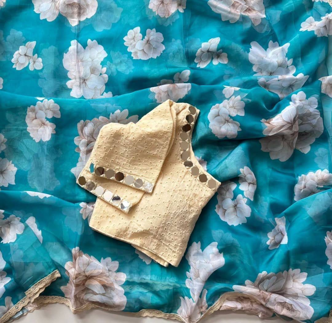 Teal Bule Tebby Silk Digital Printed Saree with Chikankari Lace Border