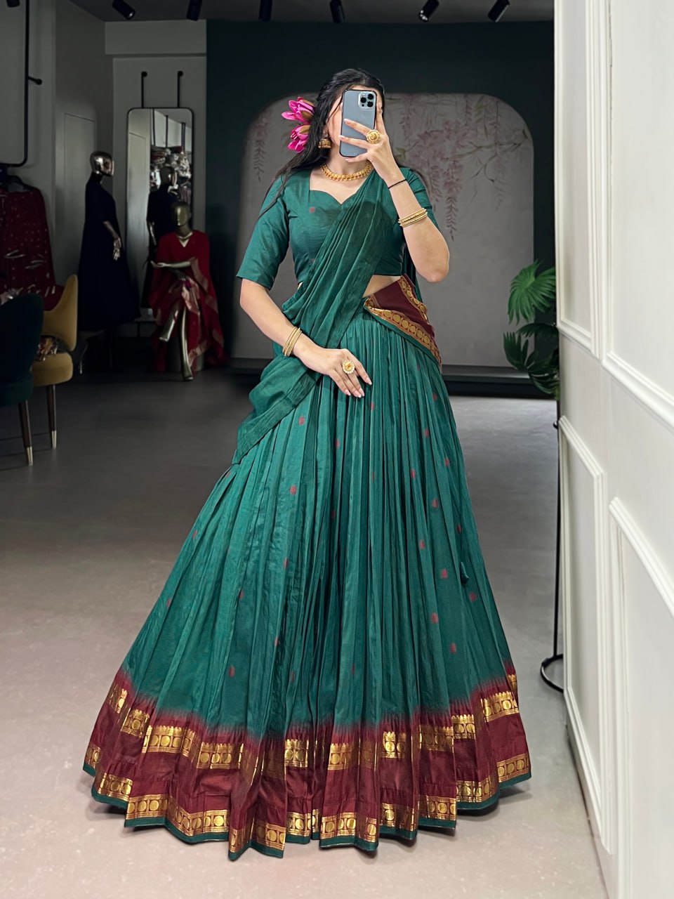 Teal Green Pure Traditional Chanderi Zari Weaving Saree Lehenga Choli Set