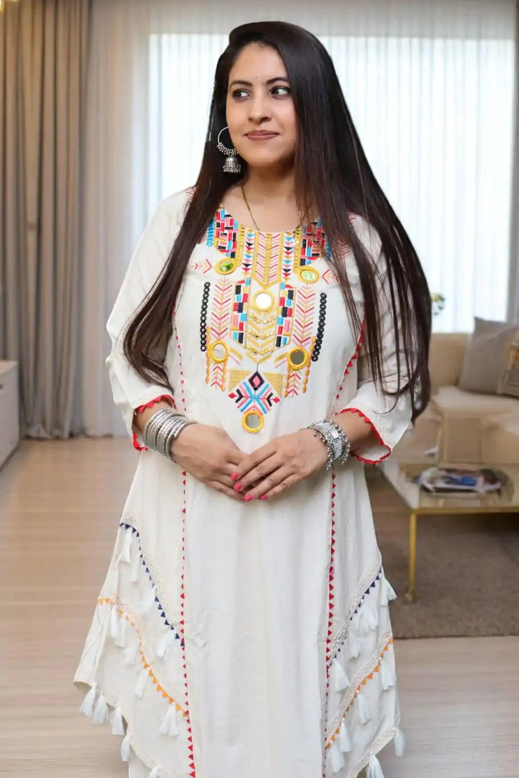 White Khadi Cotton Salwar Suit with Real Mirror Work & Embroidery – Plus Size Ready to Wear