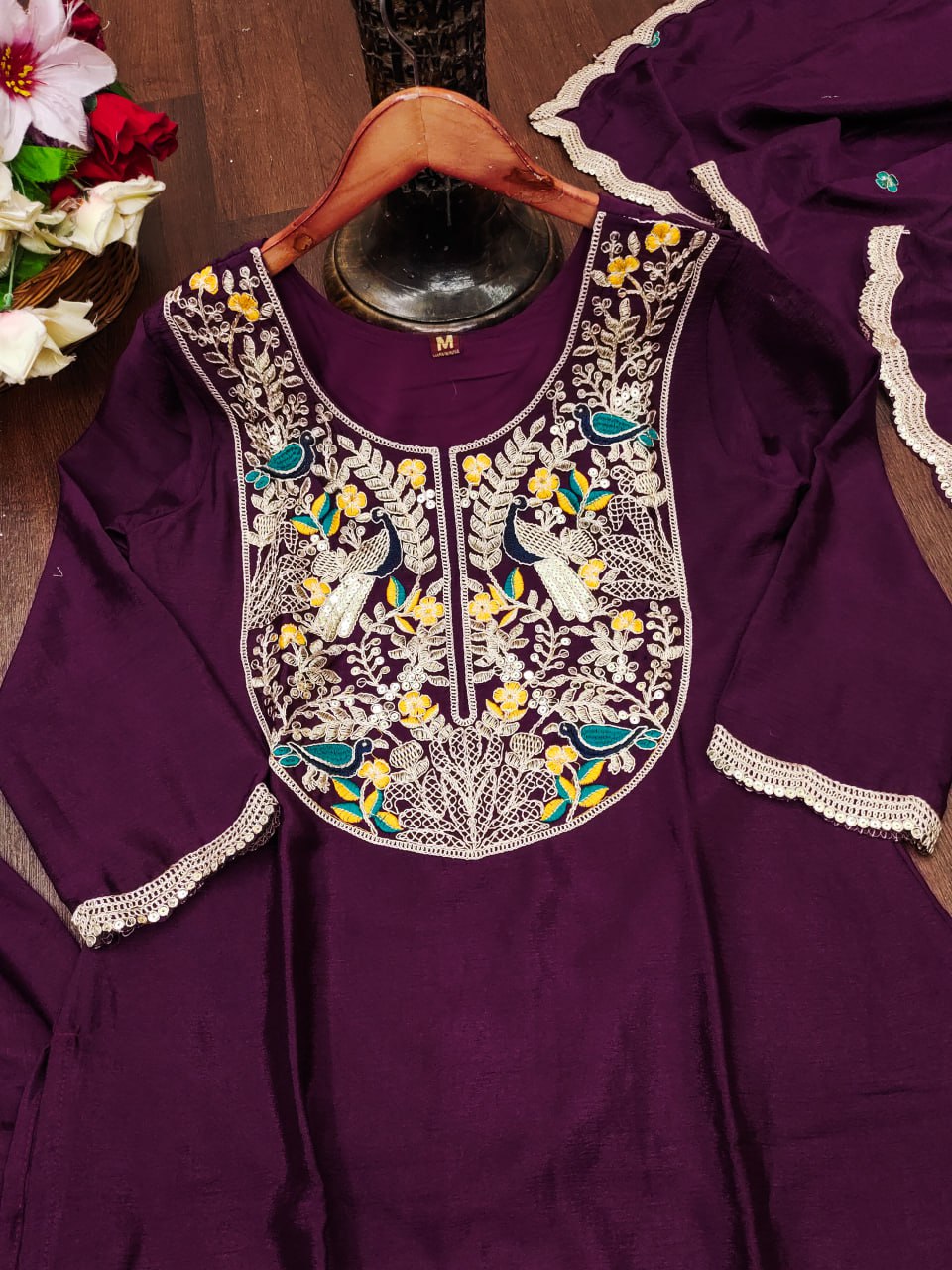 Wine Designer Chinon Dhoti Suit with Coding Sequins Embroidery