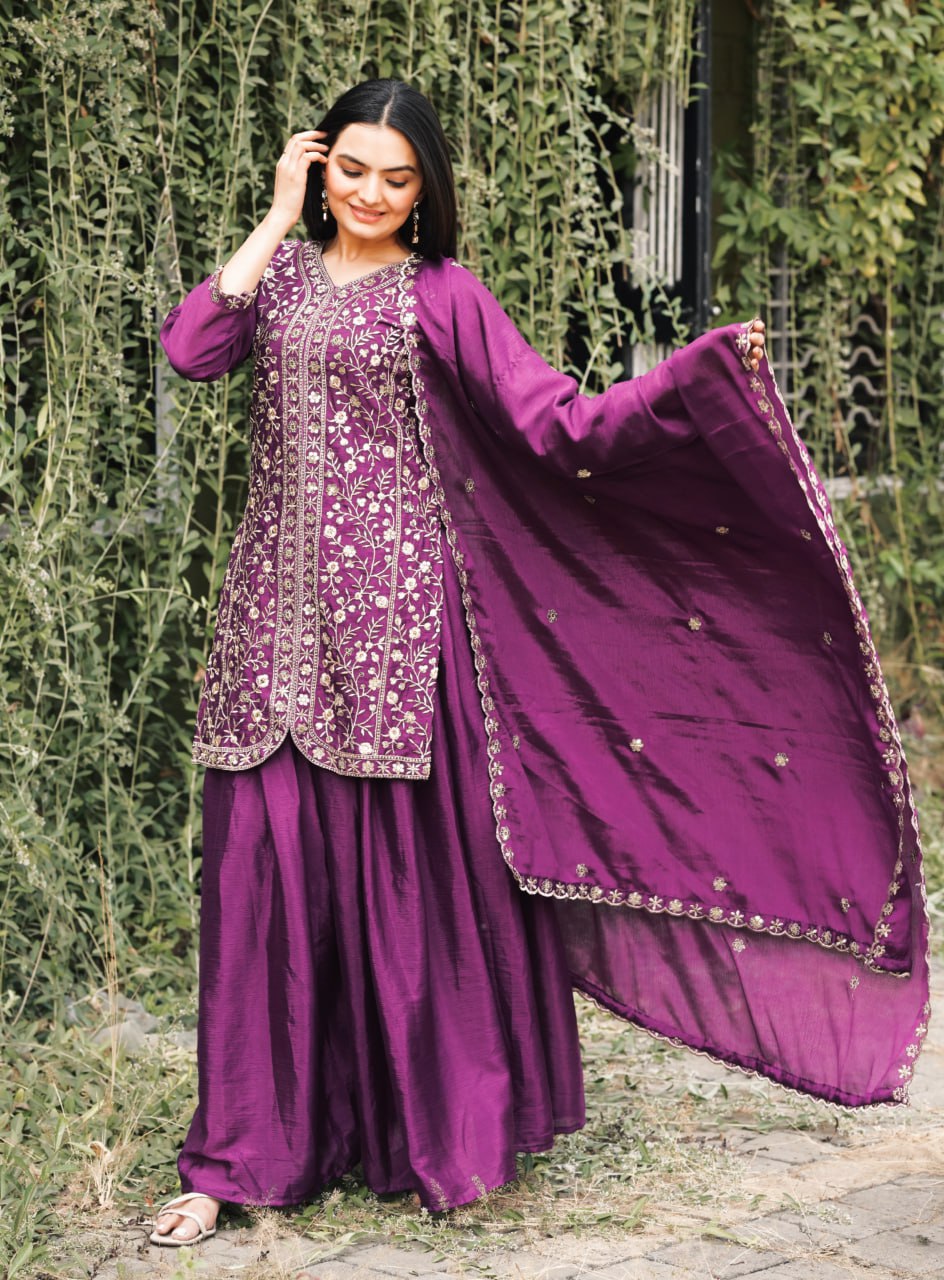 Wine Designer Chinon Silk Sharara Suit with Sequins Embroidery